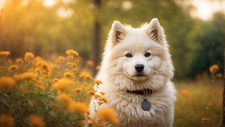 Cute Samoyed dog sitting in a field with yellow flowersの素材