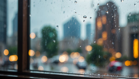 Rain drops on the window with blurred city background. Rainy day.の素材
