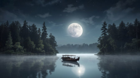 Fantasy landscape with a boat on the lake in the moonlightの素材