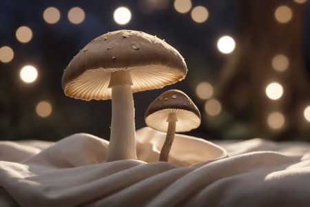 Two mushrooms on the background of bokeh lights and a garlandの素材