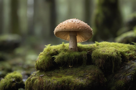 Mushroom in the forest with moss and tree on background.の素材