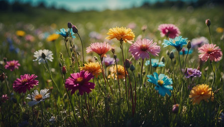 summer meadow with colorful wildflowers, retro tonedの素材