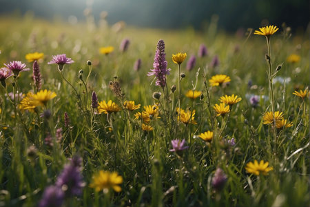 Wildflowers on the meadow at sunset in summer season.の素材