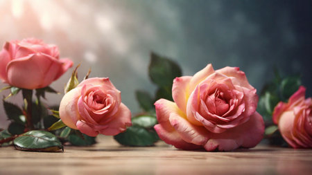 pink roses on wooden table with sunlight and bokeh backgroundの素材