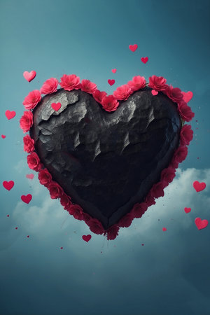Black stone heart with red rose petals on blue sky background. Love conceptの素材