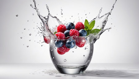 Water splash in glass with fruits and berries.の素材