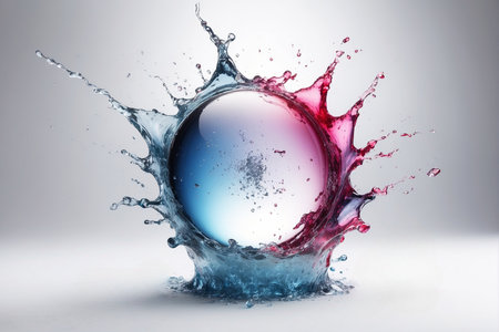 Colorful water splash with sphere on white background.の素材