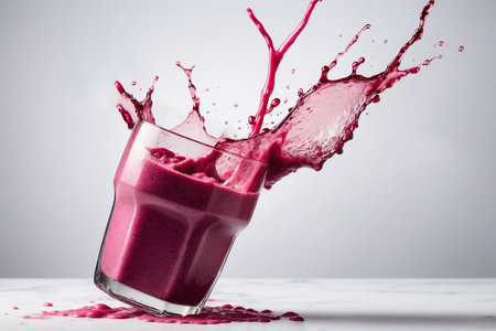 A glass of fresh fruit smoothie with splashes on white backgroundの素材