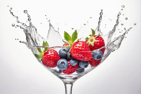 Strawberries and blueberries in a martini glass with water splashの素材
