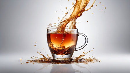 Cup of tea with splashes and drops on a white backgroundの素材
