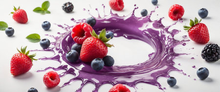 Delicious fresh berries and splashing milk on white background, closeupの素材