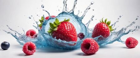 Strawberries and raspberries in water splashes on white backgroundの素材
