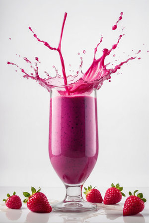 strawberry smoothie in a glass with fresh berries on white backgroundの素材