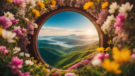 Magnificent view from the window of the mountain meadow with flowers.の素材