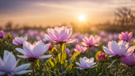 Cosmos flowers blooming in the garden at sunrise, Thailand.の素材