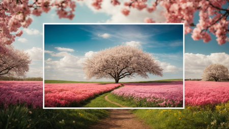 Spring landscape with blooming pink and white flowers. Floral backgroundの素材