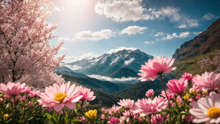 Pink flowers and blue sky with clouds. Beautiful spring landscape in the mountains.の素材