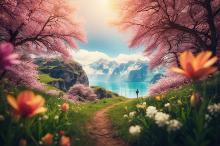 Cherry blossoms in full bloom at Lakeの素材