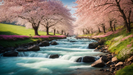 Cherry blossoms in full bloom over a stream in springtimeの素材