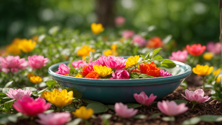 Colorful spring flowers in a bowl on the ground in the gardenの素材