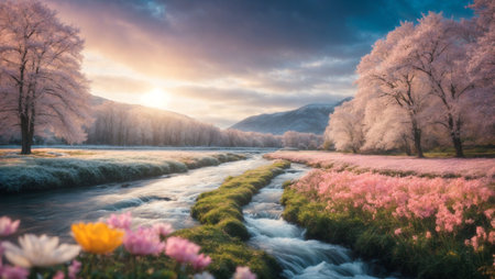 Fantastic winter sunrise over the river. Dramatic scene.の素材