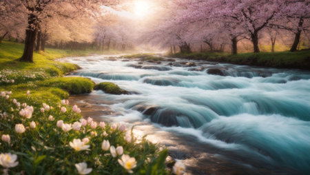 Cherry blossoms in full bloom on the background of a mountain riverの素材