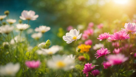 Beautiful cosmos flowers blooming in the garden with sunlight background.の素材