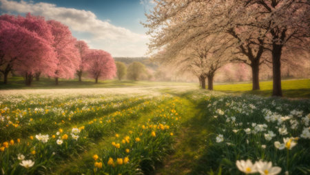 Beautiful spring landscape with blooming daffodils and cherry treesの素材