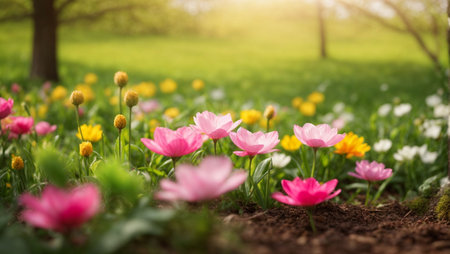colorful tulip flowers blooming in the garden, soft focusの素材