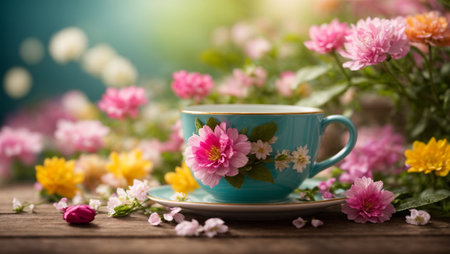 Cup of tea with beautiful flowers on wooden table, closeupの素材