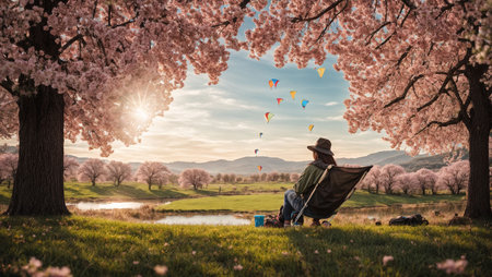 Man sitting under a blooming cherry blossom tree in spring.の素材