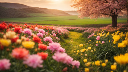 Beautiful spring landscape with blooming tulips and meadow.の素材