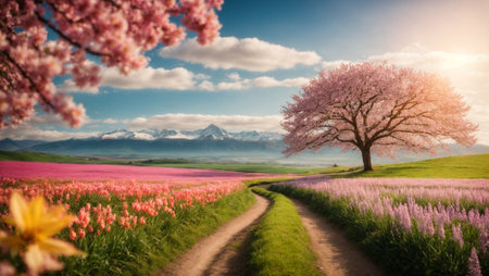 Beautiful spring landscape with blooming meadow and cherry blossomsの素材