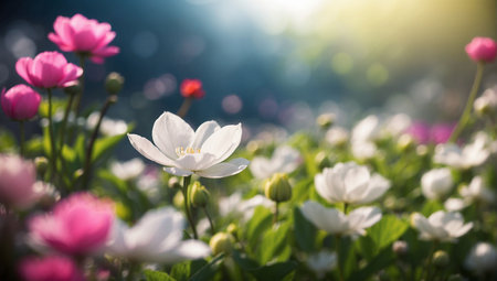 Beautiful white and pink flower in the garden with sunlight background.の素材
