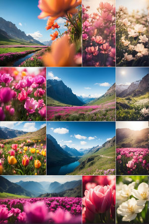 Collage of beautiful spring flowers in the mountains. Selective focus. nature.の素材