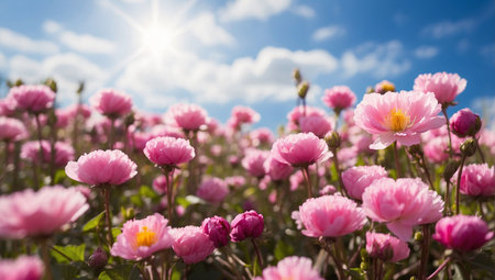 Field of pink chrysanthemums with blue sky and sunの素材