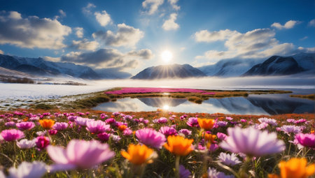 Beautiful panorama of the lake and mountains in the background at sunriseの素材