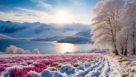 Beautiful winter landscape with lake and trees in hoarfrost.の素材