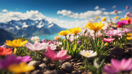 Beautiful spring flowers on the background of snow-capped mountainsの素材