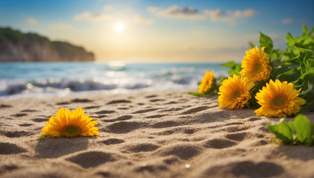 Sunflowers on the sand with sea in the background. Nature backgroundの素材