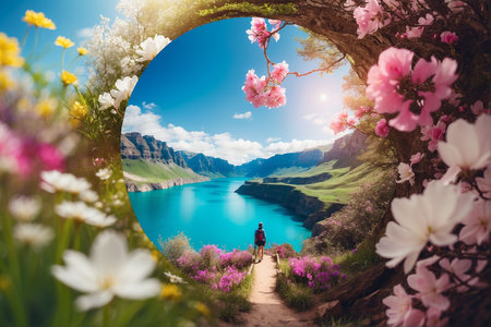 Mountain landscape with lake and blooming flowers. Travel and adventure concept.の素材