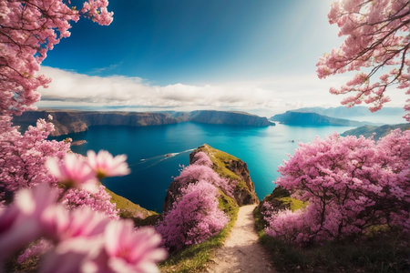 Beautiful spring landscape with azure sea and pink sakura flowersの素材