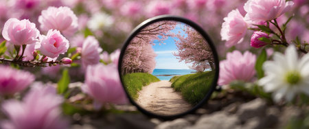 Magnifying glass with spring landscape and pink sakura flowers on the beachの素材
