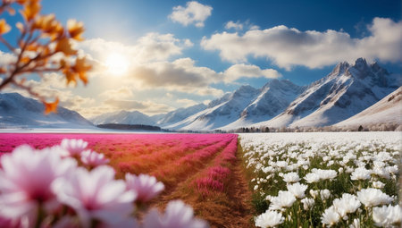 Panoramic view of a blooming meadow with pink and white flowers against the background of snow-capped mountains.の素材