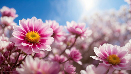 Beautiful pink chrysanthemum flowers on blue sky backgroundの素材