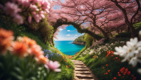 Beautiful spring landscape with blooming sakura flowers and a path to the sea.の素材