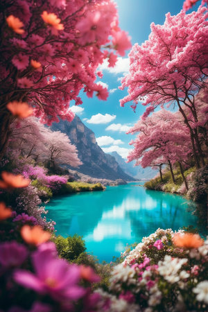 Cherry blossoms and lake with blue sky background. Toned.の素材