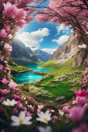 Beautiful spring landscape with blooming flowers and lake in the mountainsの素材