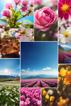 Collage of spring flowers. Beautiful nature landscape with blooming flowers.の素材
