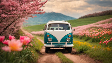 Vintage car on the road among blooming sakura flowers.の素材